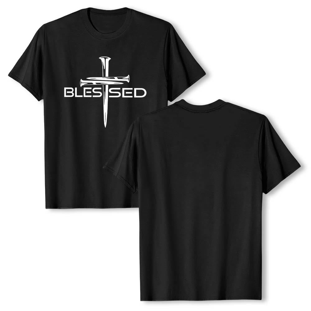 Christianartworkshop T-shirt premium à manches courtes avec imprimé en gras « Trois clous bénis » et croix fendue - image 1