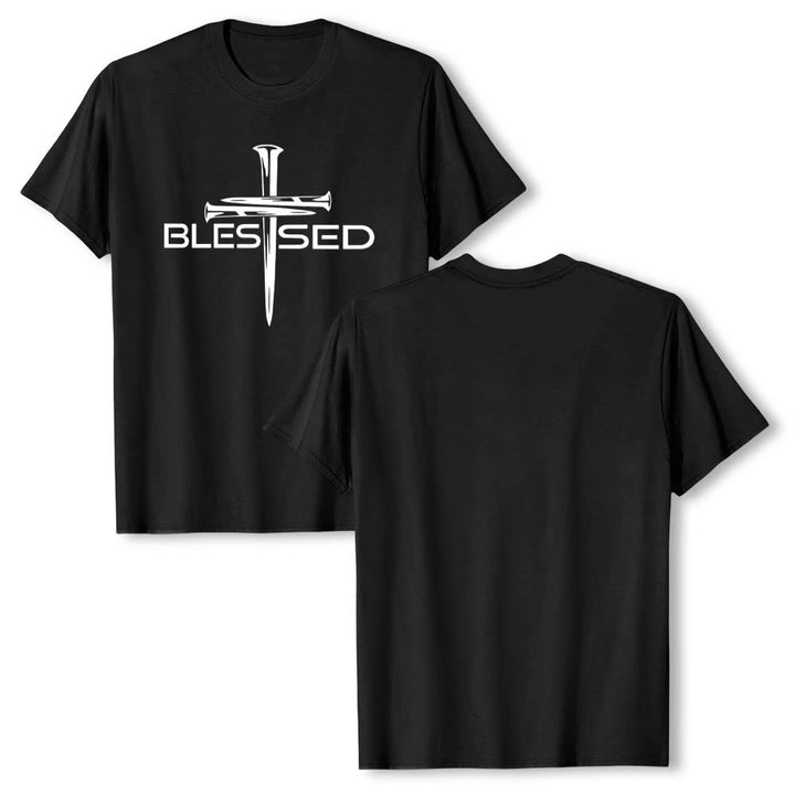 Christianartworkshop T-shirt premium à manches courtes avec imprimé en gras « Trois clous bénis » et croix fendue - image 1
