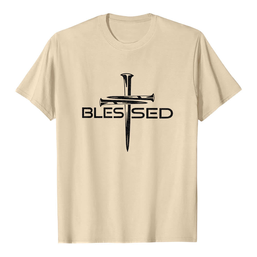 Christianartworkshop T-shirt premium à manches courtes avec imprimé en gras « Trois clous bénis » et croix fendue - Beige - 2XL - image 18