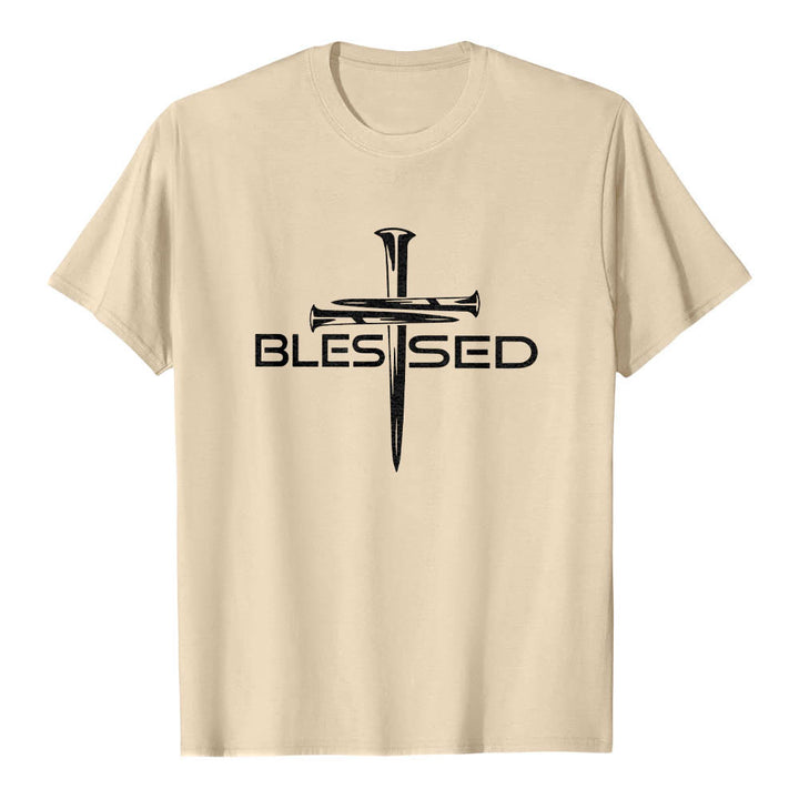 Christianartworkshop T-shirt premium à manches courtes avec imprimé en gras « Trois clous bénis » et croix fendue - Beige - 2XL - image 18