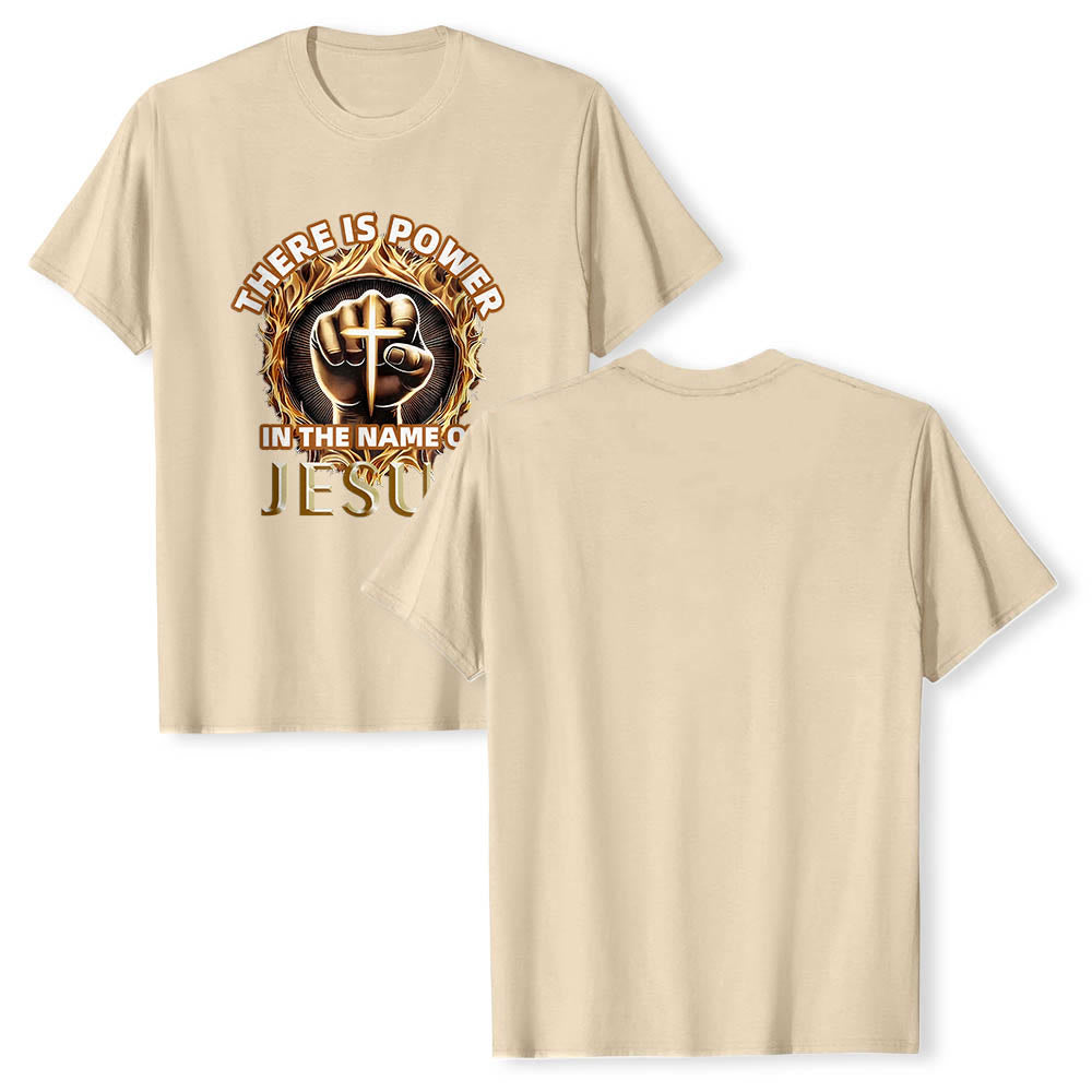 Christianartworkshop T-shirt à manches courtes « Il y a du pouvoir dans le nom de Jésus » avec poing serré, croix et flamme circulaire - image 19