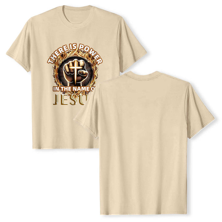 Christianartworkshop T-shirt à manches courtes « Il y a du pouvoir dans le nom de Jésus » avec poing serré, croix et flamme circulaire - image 19