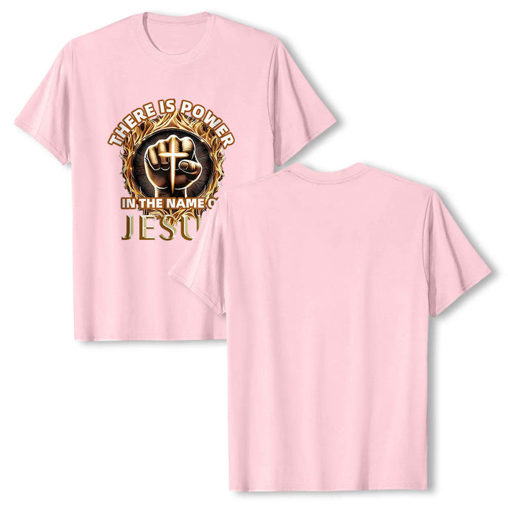 Christianartworkshop T-shirt à manches courtes « Il y a du pouvoir dans le nom de Jésus » avec poing serré, croix et flamme circulaire - image 25