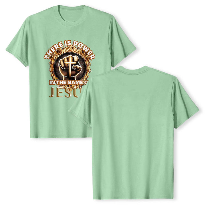 Christianartworkshop T-shirt à manches courtes « Il y a du pouvoir dans le nom de Jésus » avec poing serré, croix et flamme circulaire - image 22