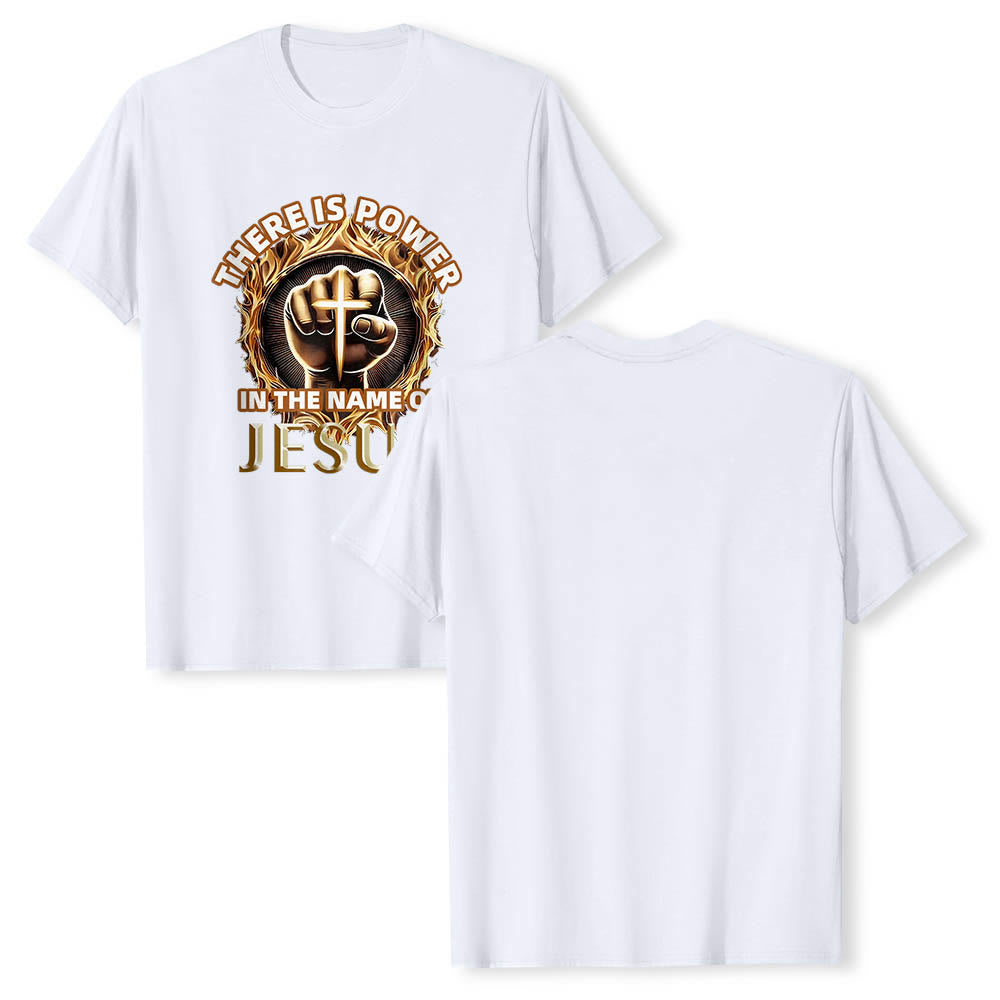 Christianartworkshop T-shirt à manches courtes « Il y a du pouvoir dans le nom de Jésus » avec poing serré, croix et flamme circulaire - image 4