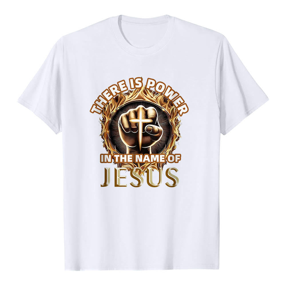 Christianartworkshop T-shirt à manches courtes « Il y a du pouvoir dans le nom de Jésus » avec poing serré, croix et flamme circulaire - Blanc - 2XL - image 3