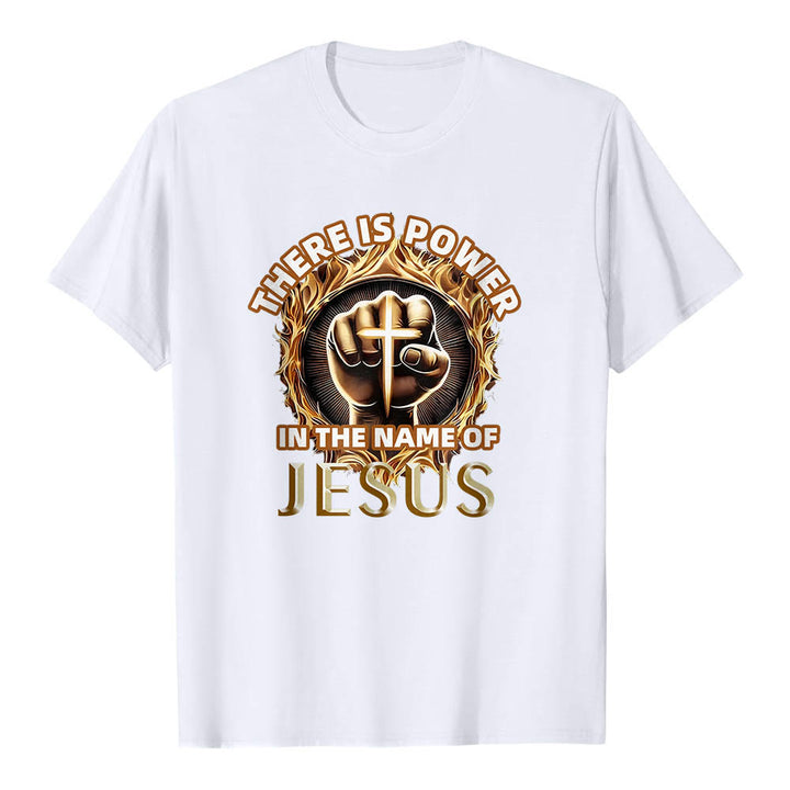 Christianartworkshop T-shirt à manches courtes « Il y a du pouvoir dans le nom de Jésus » avec poing serré, croix et flamme circulaire - Blanc - 2XL - image 3
