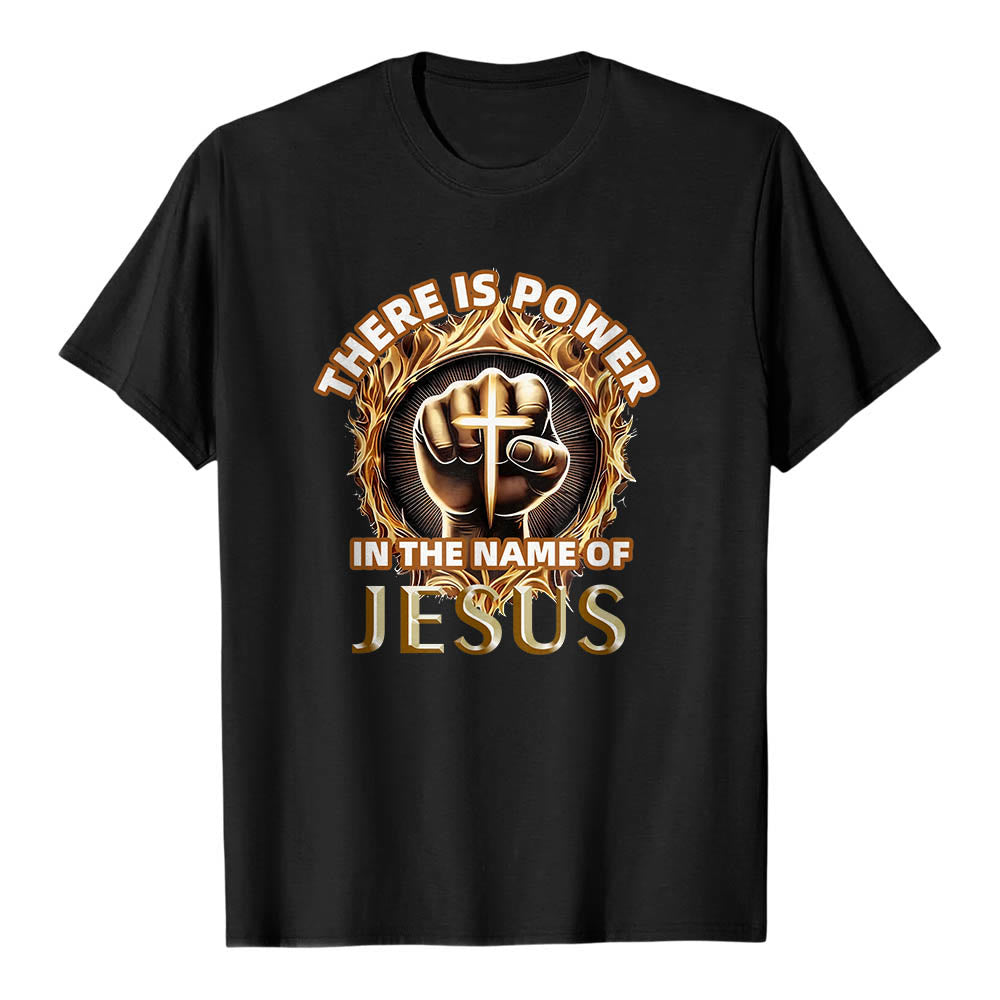 Christianartworkshop T-shirt à manches courtes « Il y a du pouvoir dans le nom de Jésus » avec poing serré, croix et flamme circulaire - Noir - 2XL - image 6