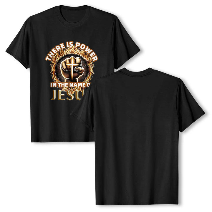 Christianartworkshop T-shirt à manches courtes « Il y a du pouvoir dans le nom de Jésus » avec poing serré, croix et flamme circulaire - image 7