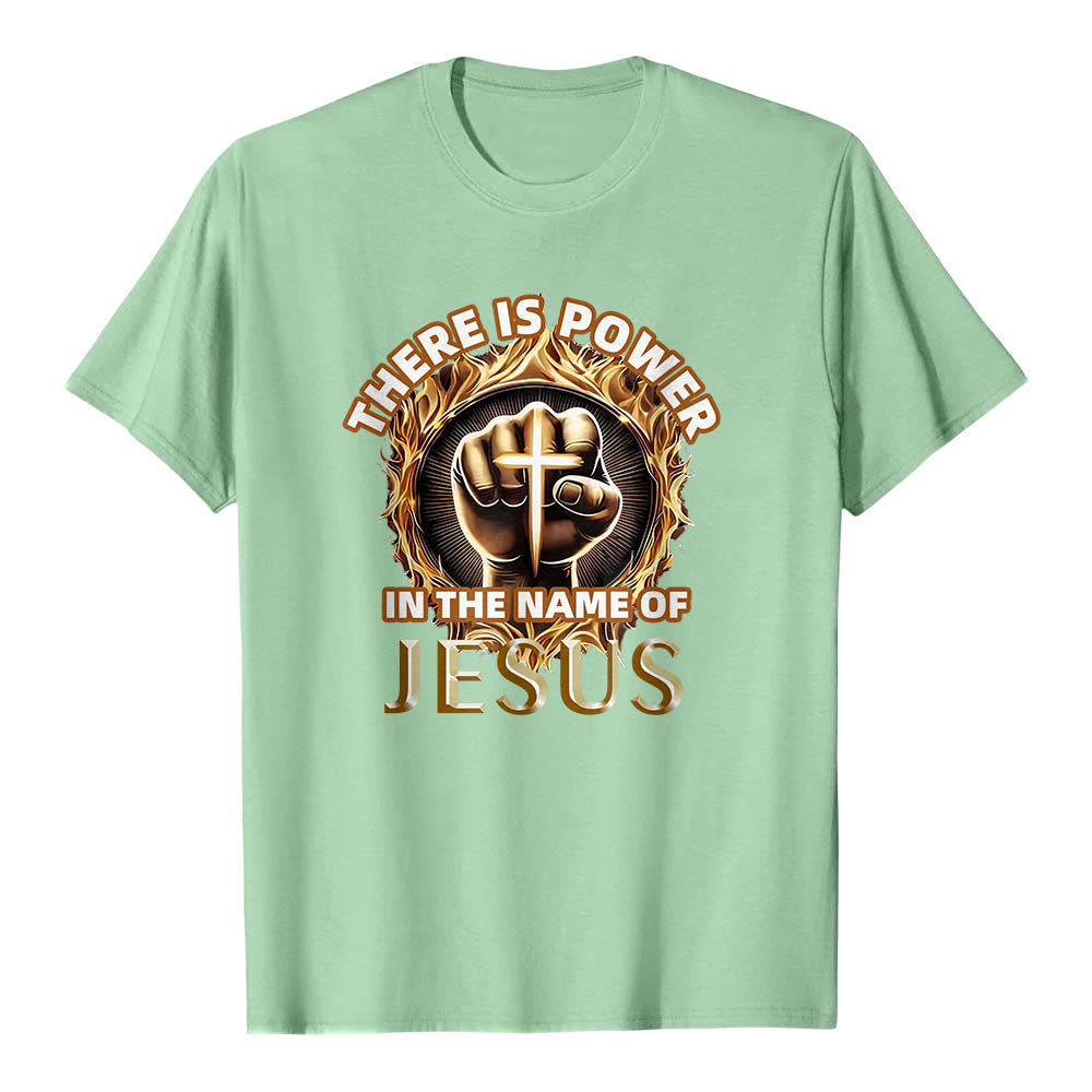 Christianartworkshop T-shirt à manches courtes « Il y a du pouvoir dans le nom de Jésus » avec poing serré, croix et flamme circulaire - Vert clair - 2XL - image 21