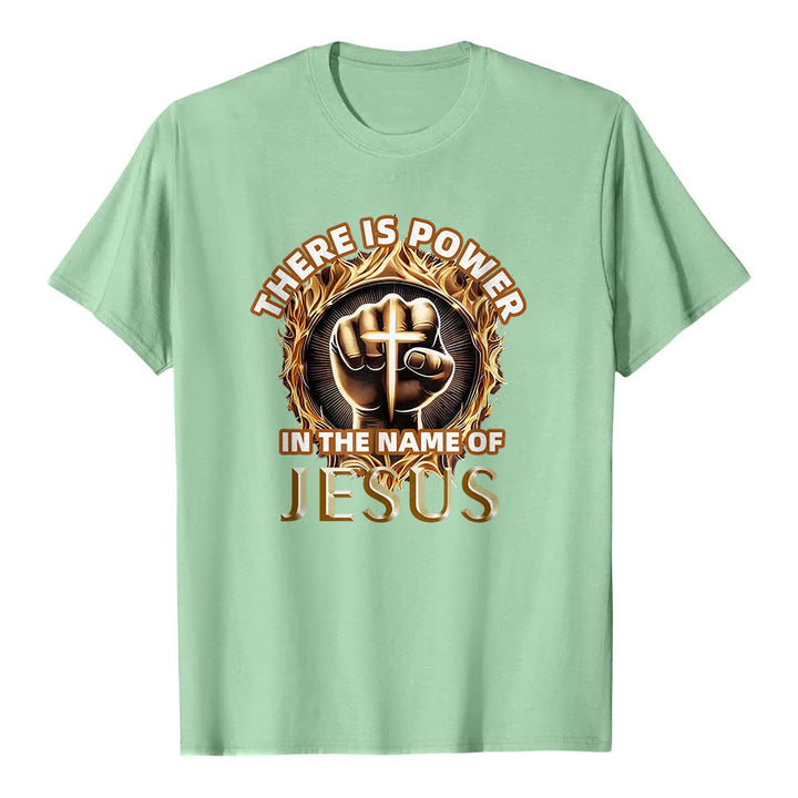 Christianartworkshop T-shirt à manches courtes « Il y a du pouvoir dans le nom de Jésus » avec poing serré, croix et flamme circulaire - Vert clair - 2XL - image 21