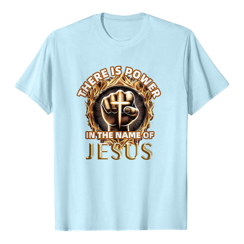 Christianartworkshop T-shirt à manches courtes « Il y a du pouvoir dans le nom de Jésus » avec poing serré, croix et flamme circulaire - Bleu - 2XL - image 9
