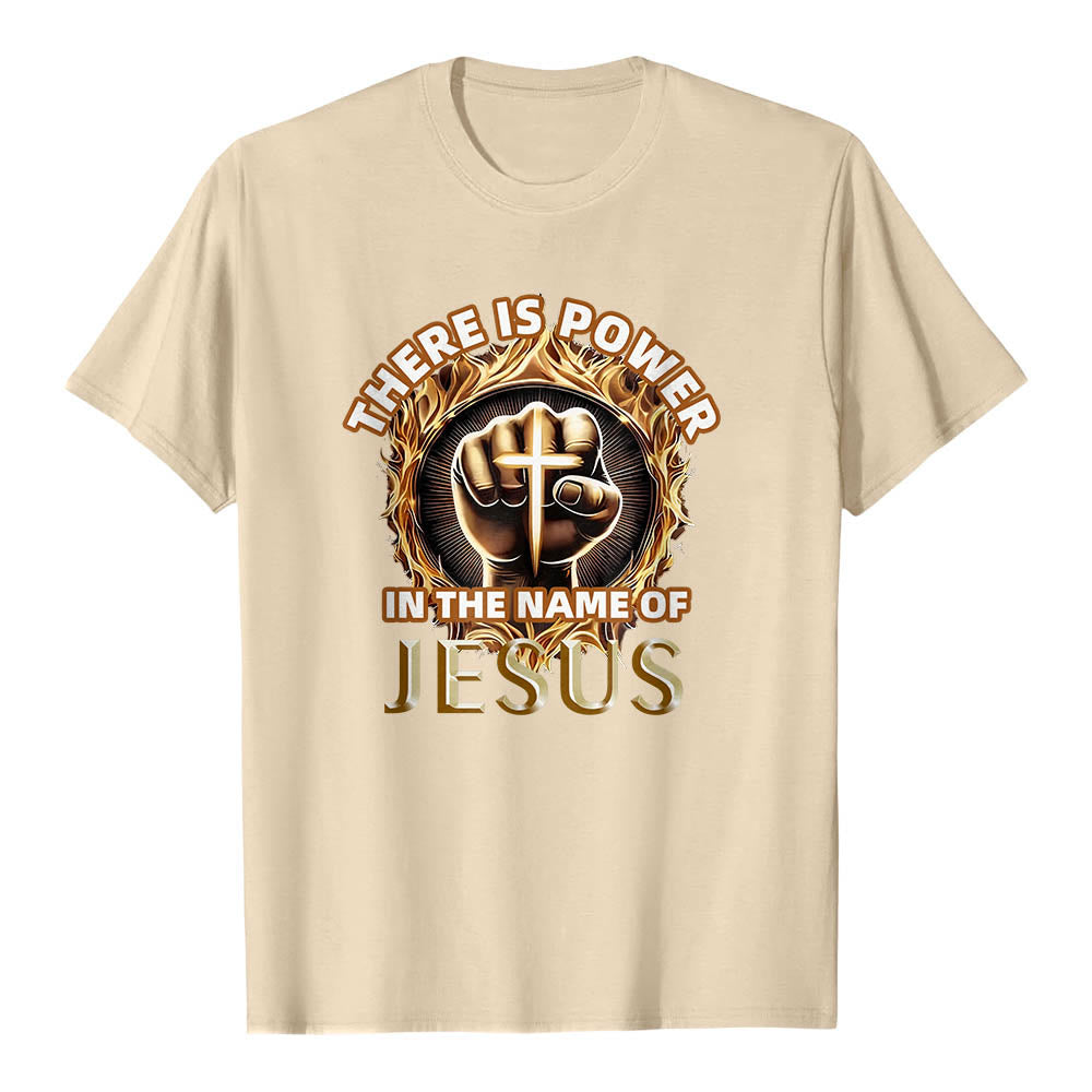 Christianartworkshop T-shirt à manches courtes « Il y a du pouvoir dans le nom de Jésus » avec poing serré, croix et flamme circulaire - Beige - 2XL - image 18