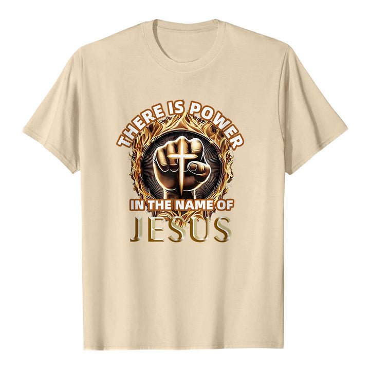 Christianartworkshop T-shirt à manches courtes « Il y a du pouvoir dans le nom de Jésus » avec poing serré, croix et flamme circulaire - Beige - 2XL - image 18