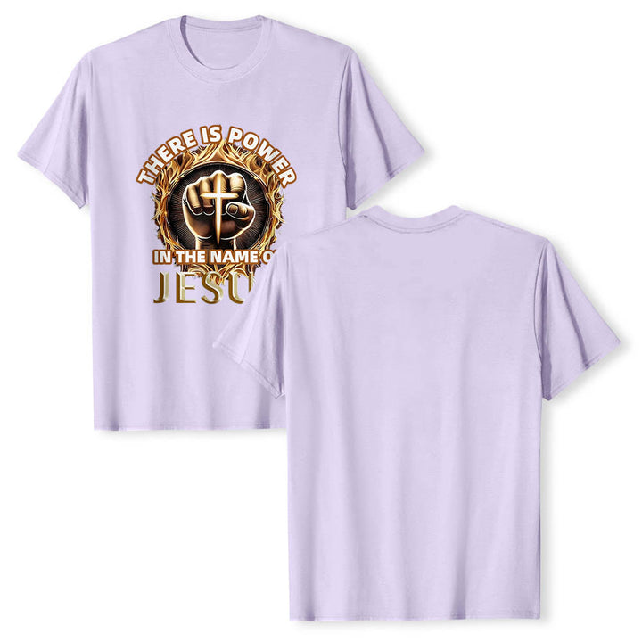 Christianartworkshop T-shirt à manches courtes « Il y a du pouvoir dans le nom de Jésus » avec poing serré, croix et flamme circulaire - image 13