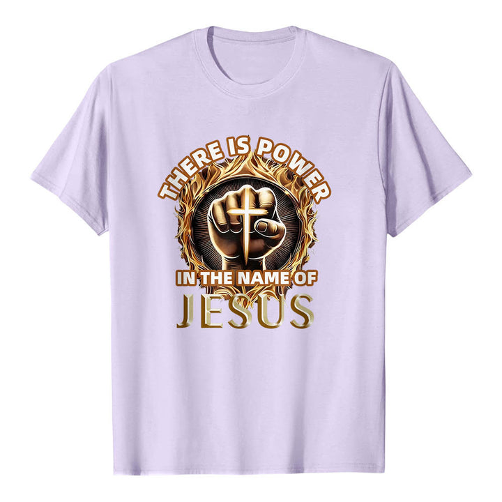 Christianartworkshop T-shirt à manches courtes « Il y a du pouvoir dans le nom de Jésus » avec poing serré, croix et flamme circulaire - Violet - 2XL - image 12