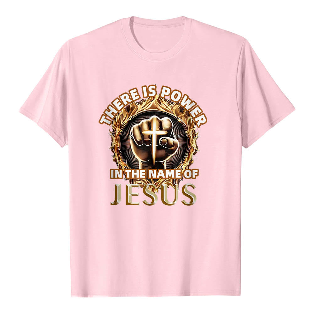 Christianartworkshop T-shirt à manches courtes « Il y a du pouvoir dans le nom de Jésus » avec poing serré, croix et flamme circulaire - Rose - 2XL - image 24