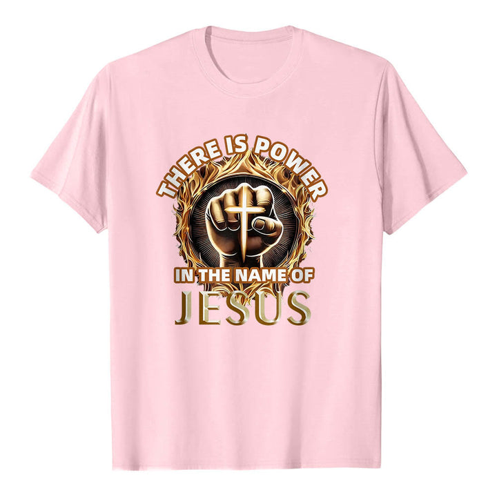 Christianartworkshop T-shirt à manches courtes « Il y a du pouvoir dans le nom de Jésus » avec poing serré, croix et flamme circulaire - Rose - 2XL - image 24