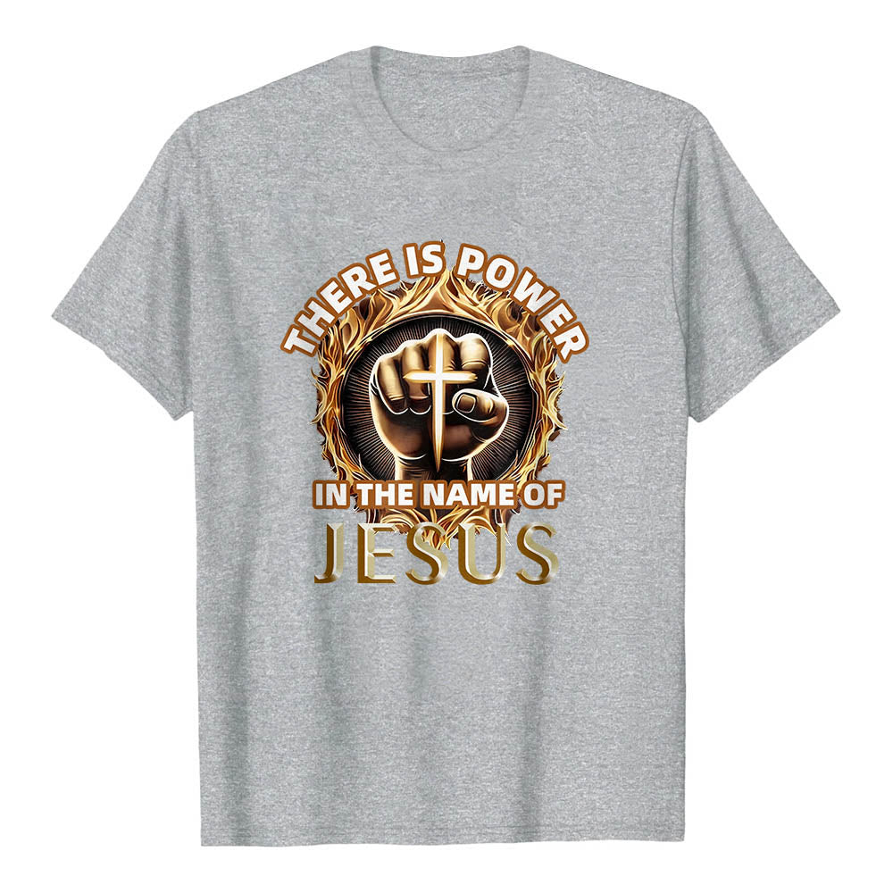 Christianartworkshop T-shirt à manches courtes « Il y a du pouvoir dans le nom de Jésus » avec poing serré, croix et flamme circulaire - Gris - 2XL - image 15