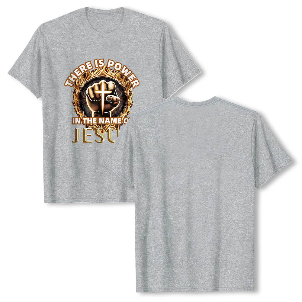 Christianartworkshop T-shirt à manches courtes « Il y a du pouvoir dans le nom de Jésus » avec poing serré, croix et flamme circulaire - image 16