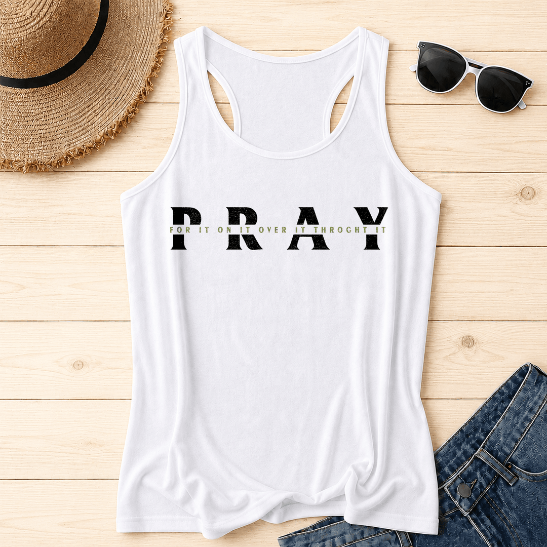 Christianartworkshop Débardeur dos nageur imprimé sur le devant avec le mot « PRAY » en superposition, effet vieilli. - Blanc - 2XL - image 2