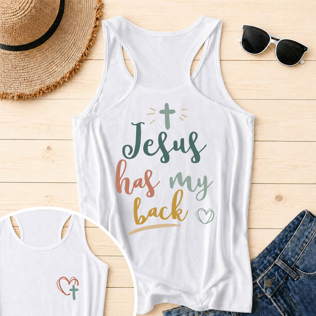 Christianartworkshop Débardeur dos nageur imprimé recto verso « Jésus me protège » en écriture cursive multicolore avec accent soleil et motif croix et cœur - Blanc - 2XL - image 0