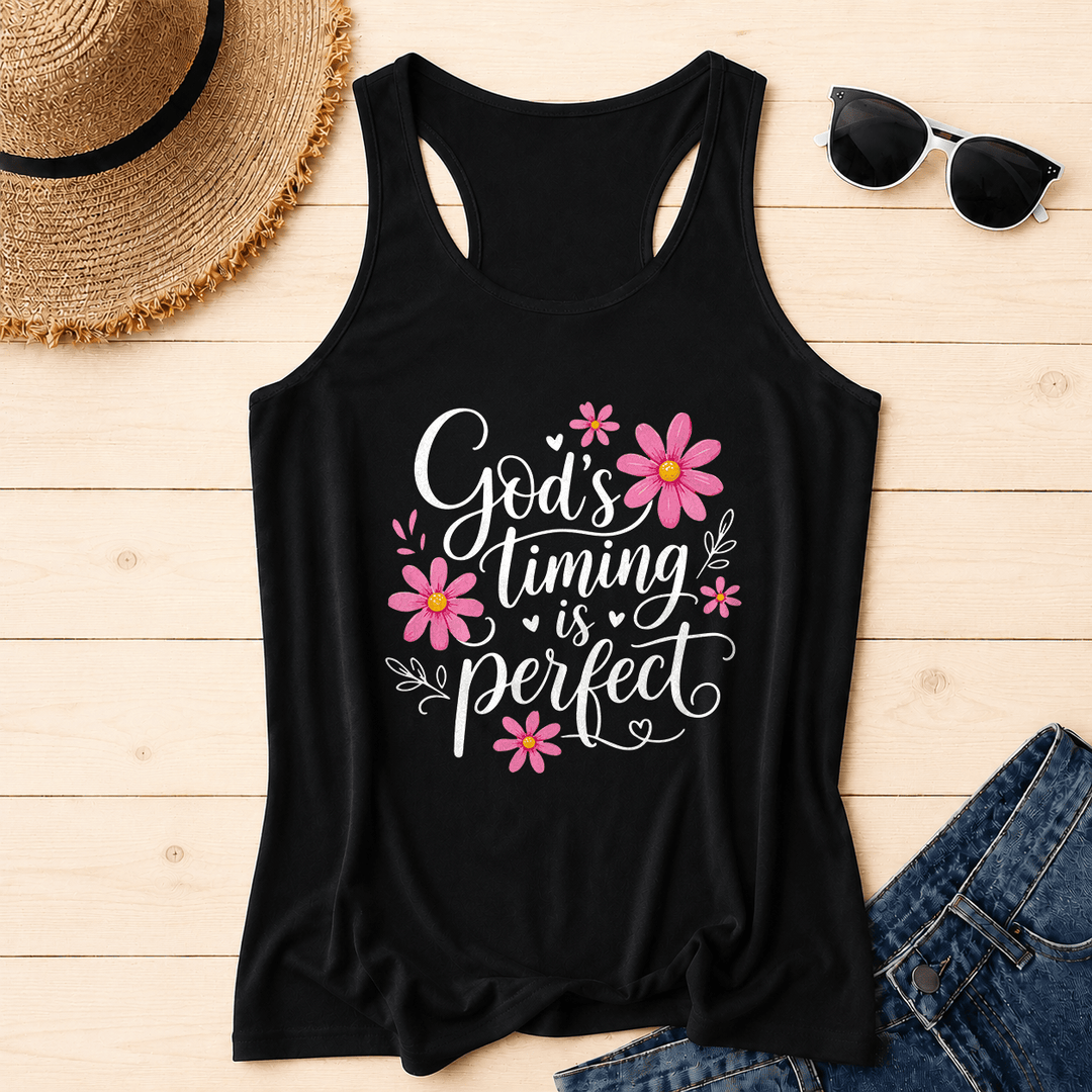 Christianartworkshop Le timing de Dieu est parfait. Débardeur dos nageur élégant à motif floral marguerite, cœur et feuille, avec inscription cursive fluide et élégante. - Noir - 2XL - image 4