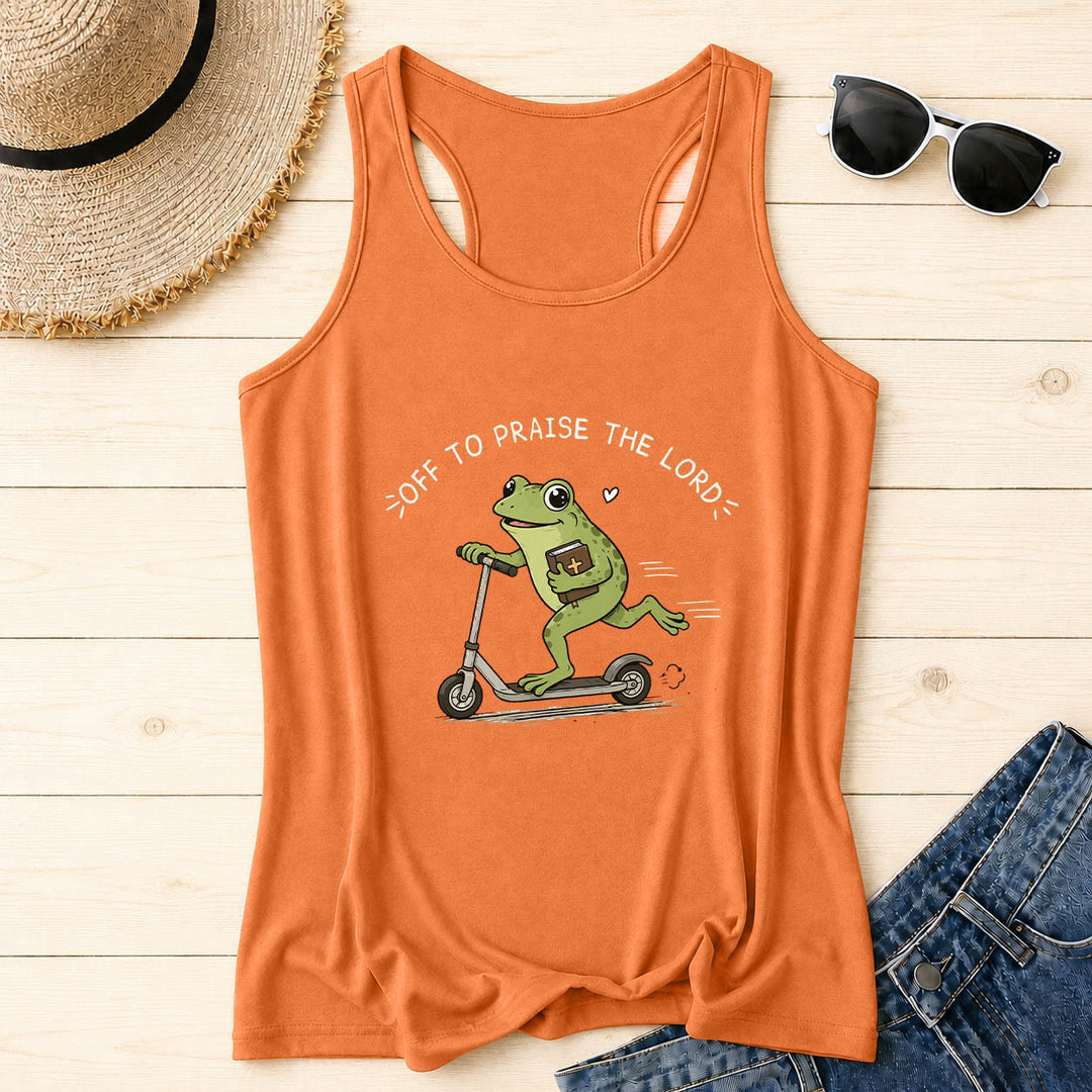 Christianartworkshop En route pour louer le Seigneur ! Débardeur dos nageur à motif arc-en-ciel avec une grenouille mignonne sur une trottinette tenant une Bible et un cœur. - Orange - 2XL - image 6