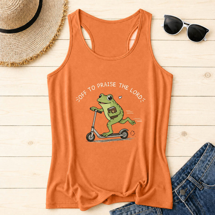 Christianartworkshop En route pour louer le Seigneur ! Débardeur dos nageur à motif arc-en-ciel avec une grenouille mignonne sur une trottinette tenant une Bible et un cœur. - Orange - 2XL - image 6