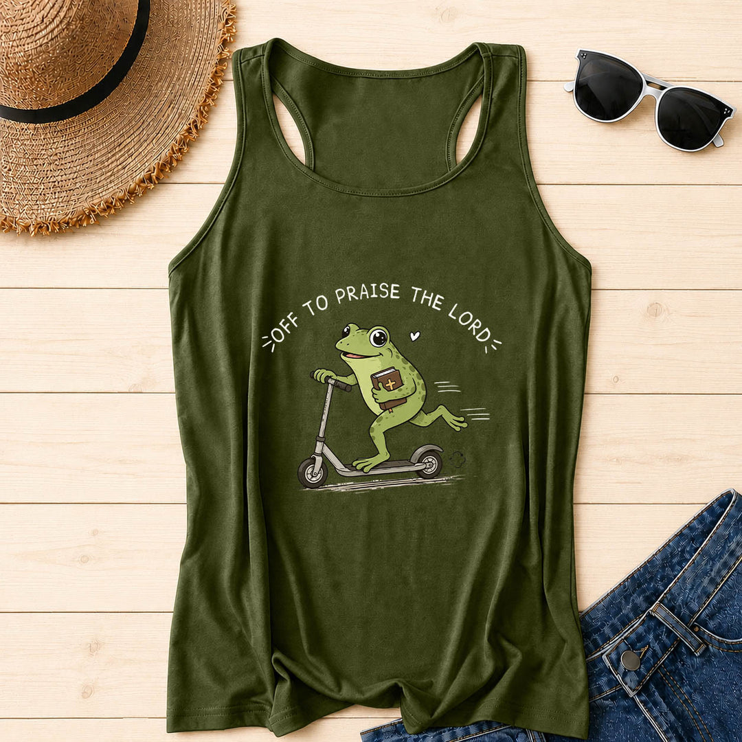 Christianartworkshop En route pour louer le Seigneur ! Débardeur dos nageur à motif arc-en-ciel avec une grenouille mignonne sur une trottinette tenant une Bible et un cœur. - Vert armée - 2XL - image 4