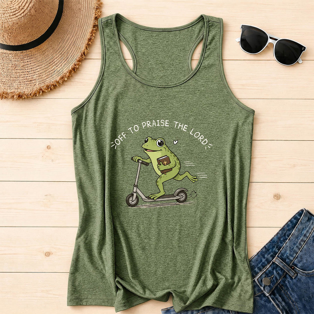Christianartworkshop En route pour louer le Seigneur ! Débardeur dos nageur à motif arc-en-ciel avec une grenouille mignonne sur une trottinette tenant une Bible et un cœur. - Vert olive - 2XL - image 2