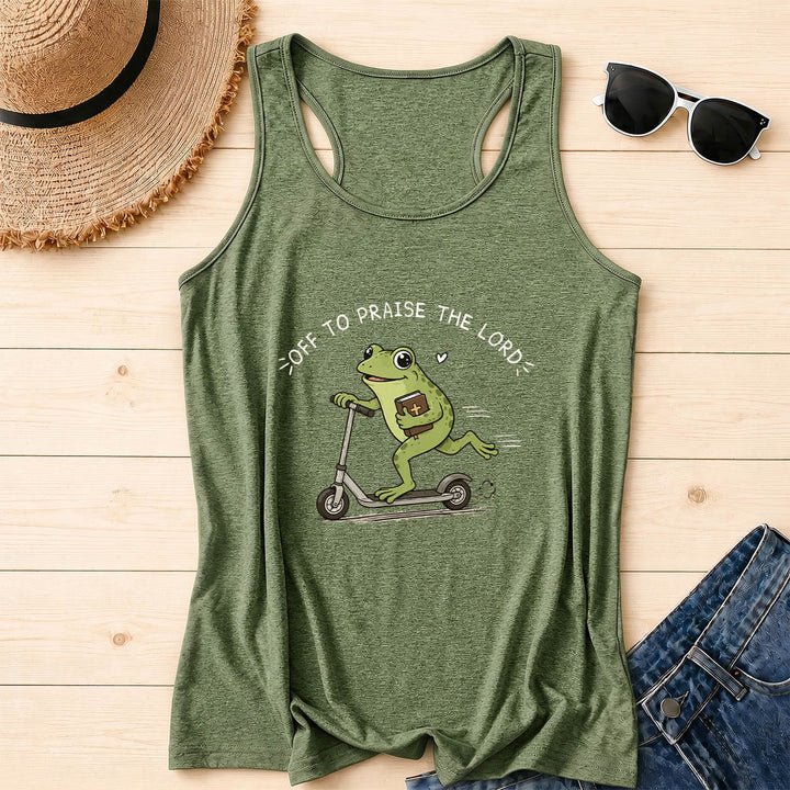 Christianartworkshop En route pour louer le Seigneur ! Débardeur dos nageur à motif arc-en-ciel avec une grenouille mignonne sur une trottinette tenant une Bible et un cœur. - Vert olive - 2XL - image 2