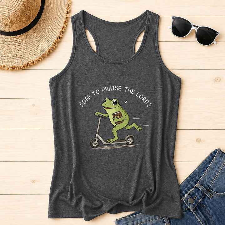 Christianartworkshop En route pour louer le Seigneur ! Débardeur dos nageur à motif arc-en-ciel avec une grenouille mignonne sur une trottinette tenant une Bible et un cœur. - Gris - 2XL - image 16
