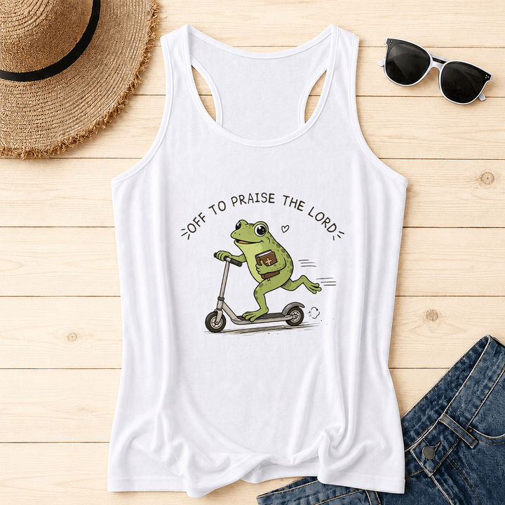 Christianartworkshop En route pour louer le Seigneur ! Débardeur dos nageur à motif arc-en-ciel avec une grenouille mignonne sur une trottinette tenant une Bible et un cœur. - Blanc - 2XL - image 10