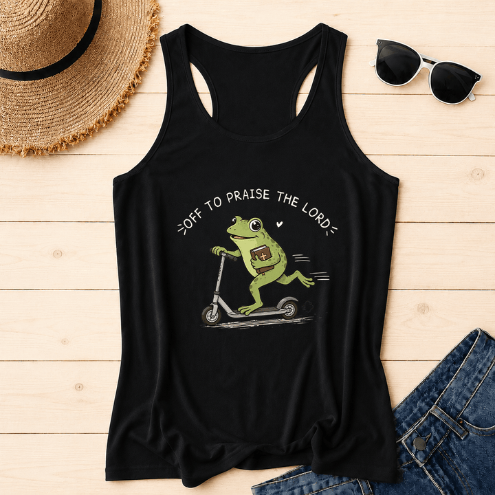 Christianartworkshop En route pour louer le Seigneur ! Débardeur dos nageur à motif arc-en-ciel avec une grenouille mignonne sur une trottinette tenant une Bible et un cœur. - Noir - 2XL - image 12