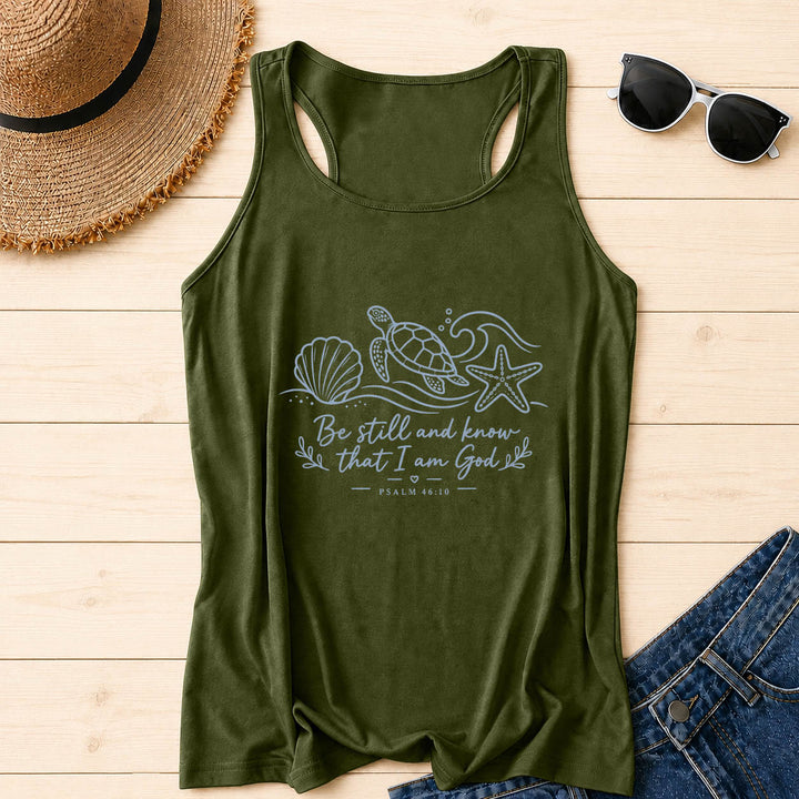 Christianartworkshop « Arrêtez, et sachez que je suis Dieu » Psaume 46:10 Débardeur dos nageur Tortue de l'océan Coquillage Étoile de mer Vague - Vert armée - 2XL - image 6