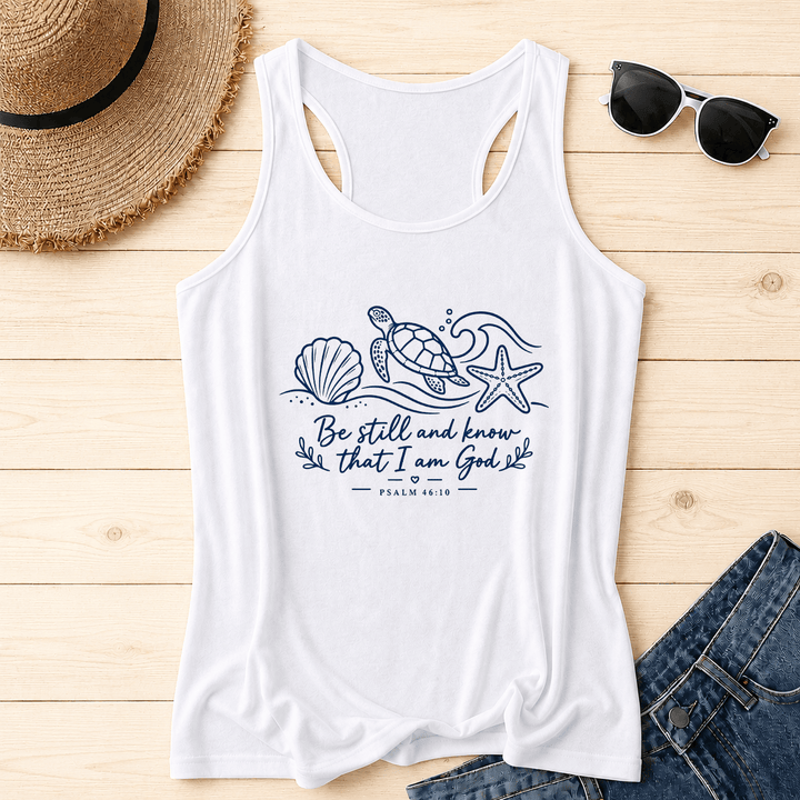 Christianartworkshop « Arrêtez, et sachez que je suis Dieu » Psaume 46:10 Débardeur dos nageur Tortue de l'océan Coquillage Étoile de mer Vague - Blanc - 2XL - image 12