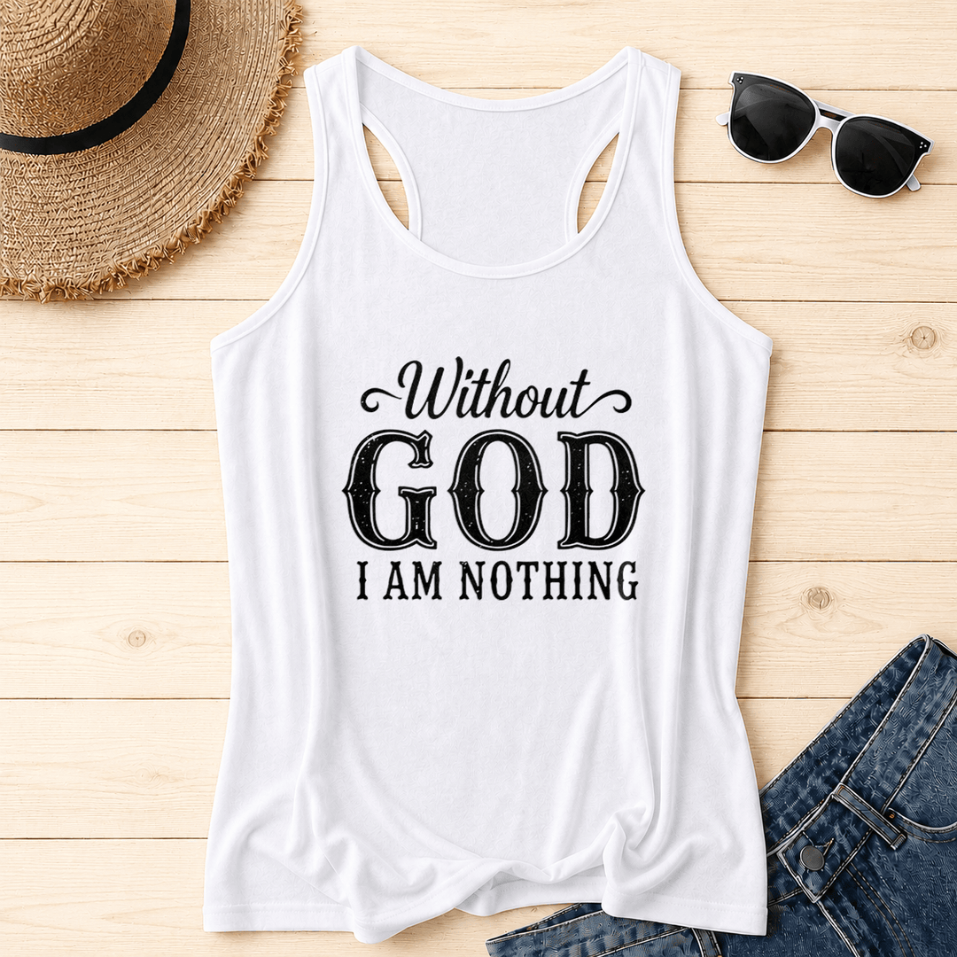 Christianartworkshop Sans Dieu, je ne suis rien. Débardeur dos nageur à trois niveaux, style vintage, effet vieilli, police serif audacieuse, écriture cursive et contrastée. - Blanc - 2XL - image 0