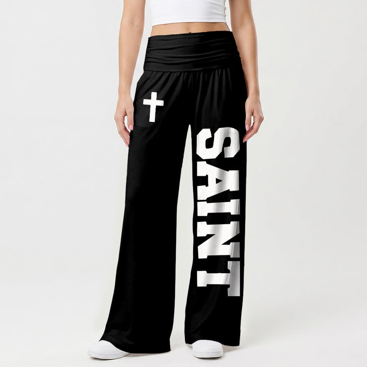 Christianartworkshop Pantalon universitaire imprimé intégral vertical avec la lettre SAINT et une croix blanche, taille haute et jambes larges. - image 4