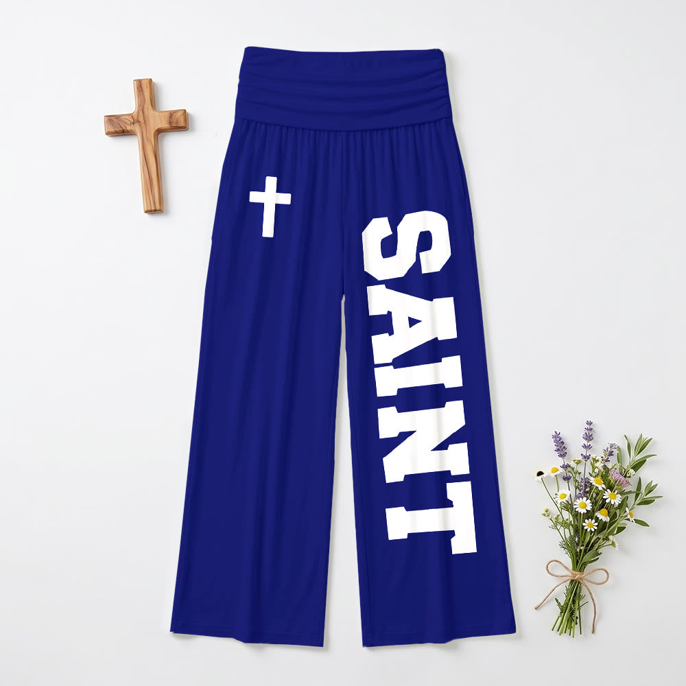 Christianartworkshop Pantalon universitaire imprimé intégral vertical avec la lettre SAINT et une croix blanche, taille haute et jambes larges. - Bleu - US22, UK/AU26, EU54 (6XL) - image 15