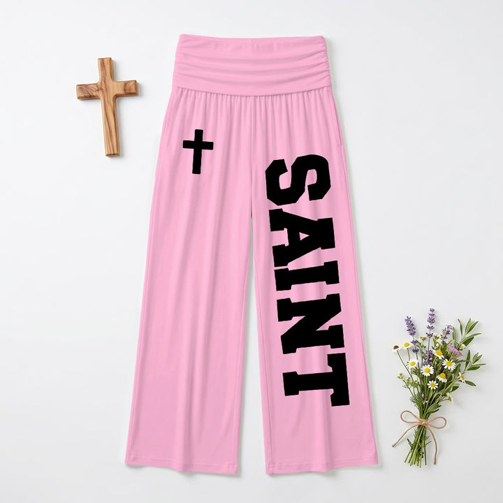 Christianartworkshop Pantalon universitaire imprimé intégral vertical avec la lettre SAINT et une croix blanche, taille haute et jambes larges. - Rose - US22, UK/AU26, EU54 (6XL) - image 12