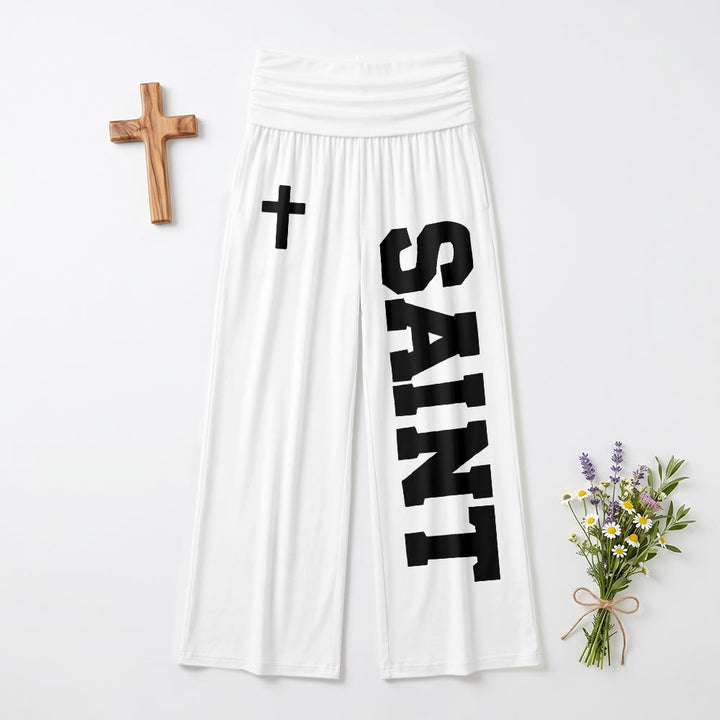 Christianartworkshop Pantalon universitaire imprimé intégral vertical avec la lettre SAINT et une croix blanche, taille haute et jambes larges. - Blanc - US22, UK/AU26, EU54 (6XL) - image 6