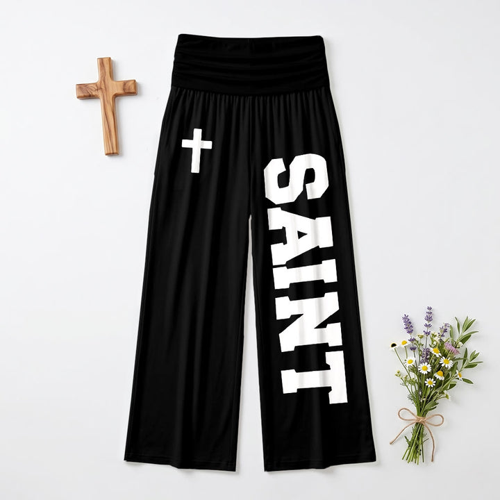 Christianartworkshop Pantalon universitaire imprimé intégral vertical avec la lettre SAINT et une croix blanche, taille haute et jambes larges. - Noir - US22, UK/AU26, EU54 (6XL) - image 3