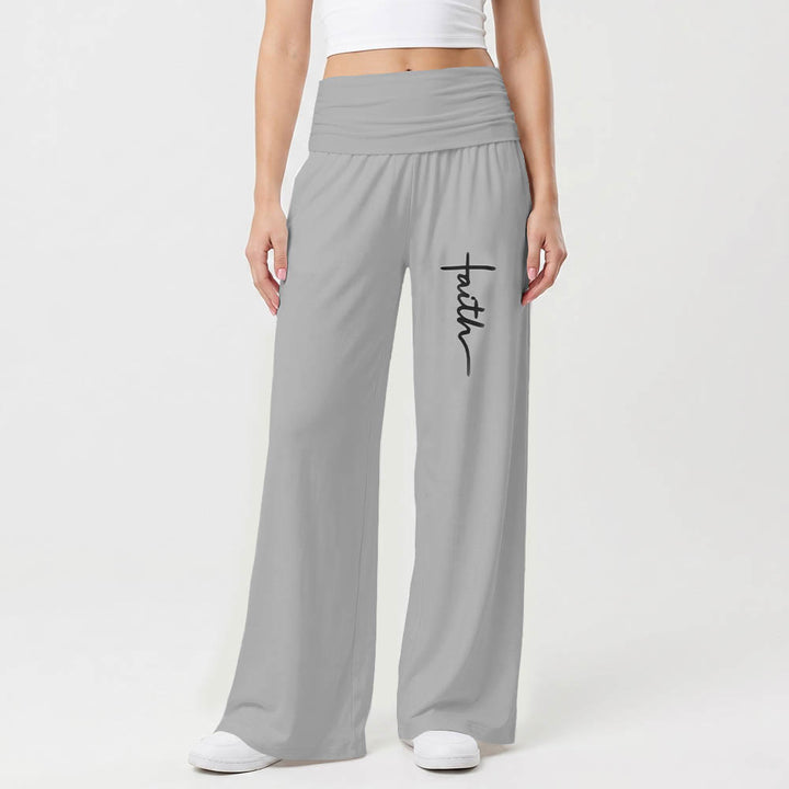 Christianartworkshop Pantalon à jambes larges taille haute avec imprimé d'écriture cursive verticale « Foi » - image 7