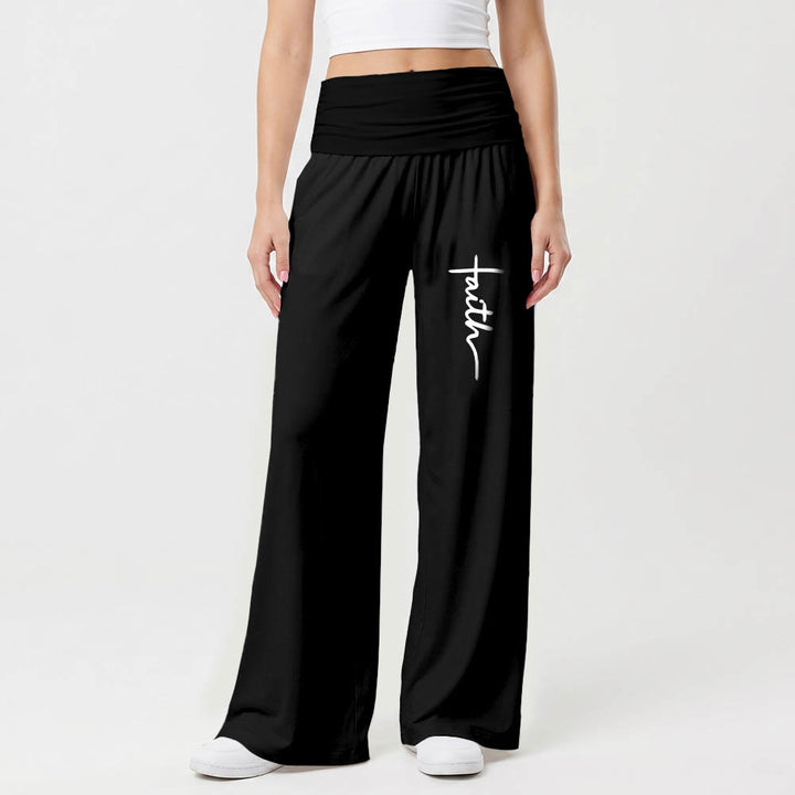 Christianartworkshop Pantalon à jambes larges taille haute avec imprimé d'écriture cursive verticale « Foi » - image 1
