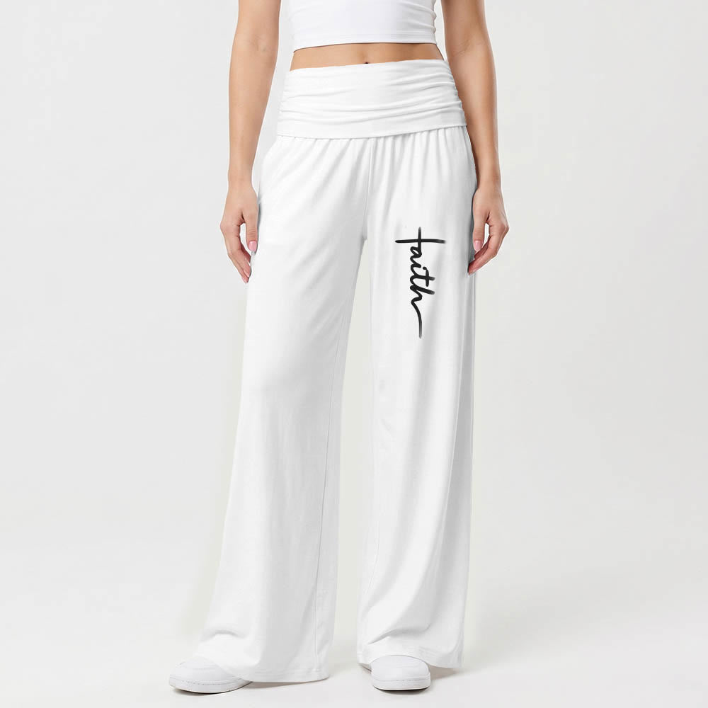 Christianartworkshop Pantalon à jambes larges taille haute avec imprimé d'écriture cursive verticale « Foi » - image 4