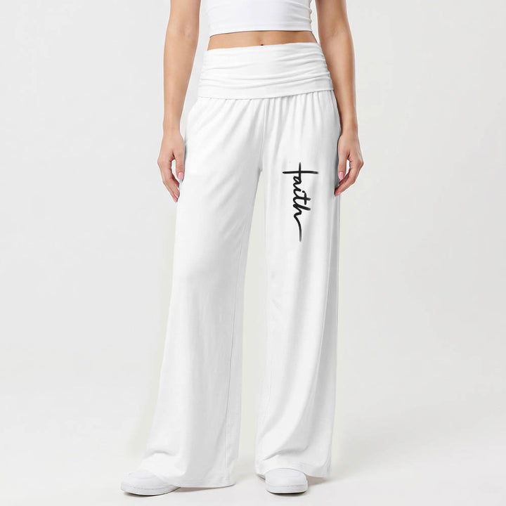 Christianartworkshop Pantalon à jambes larges taille haute avec imprimé d'écriture cursive verticale « Foi » - image 4