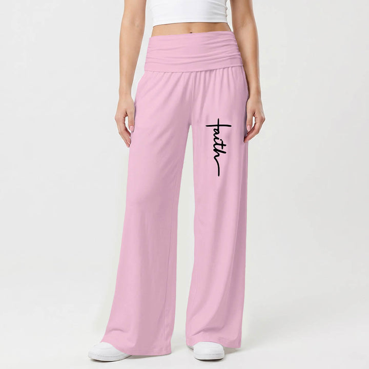 Christianartworkshop Pantalon à jambes larges taille haute avec imprimé d'écriture cursive verticale « Foi » - image 10