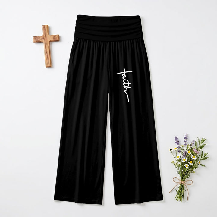 Christianartworkshop Pantalon à jambes larges taille haute avec imprimé d'écriture cursive verticale « Foi » - Noir - US22, UK/AU26, EU54 (6XL) - image 0
