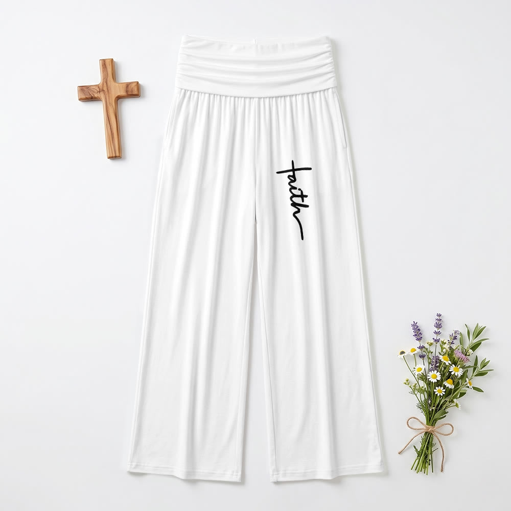 Christianartworkshop Pantalon à jambes larges taille haute avec imprimé d'écriture cursive verticale « Foi » - Blanc - US22, UK/AU26, EU54 (6XL) - image 3
